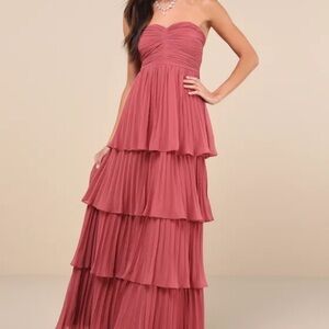 Seriously Sensational Rusty Rose Strapless Tiered Maxi Dress